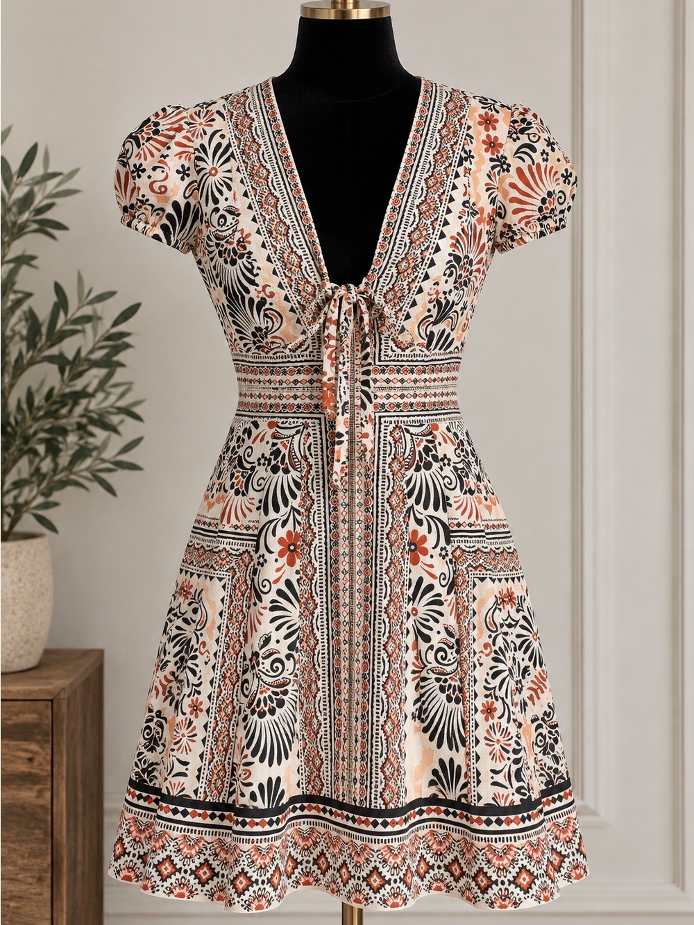 Avec Les Filles Beige and Black Floral Print Mini Dress - Picture 2 of 11